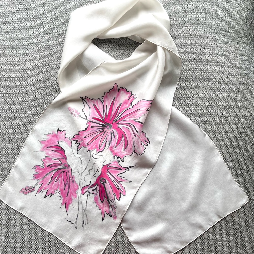 100% Silk Hand painted Light Grey Pink Flowers Long Scarf Signed Margo Scarf